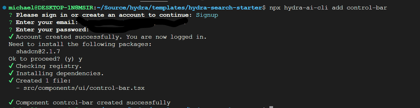 Hydra CLI adding control bar component